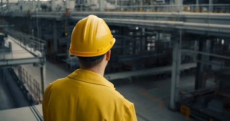 Rear view of an engineer in a yellow safety helmet inspecting the plant area