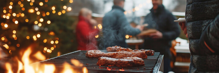 Winter bbq gathering with friends in festive lights