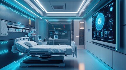 Futuristic Medical Room with Advanced Technology and Holographic Displays