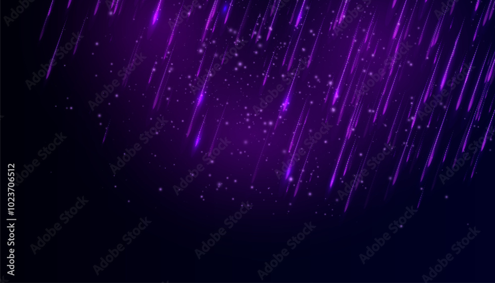 Poster Purple glow vertical light lines with shiny shimmering particles for background and overlay. Glowing abstract futuristic shimmering background.