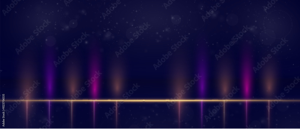Poster Colorful vertical light lines with shiny shimmering particles for background and overlay. Glowing abstract futuristic shimmering background.