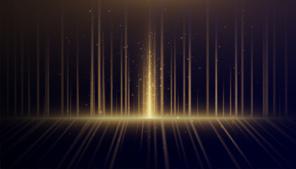 Golden vertical lines of light with glitter shimmering particles for background and overlay. Glowing abstract futuristic shimmering background.