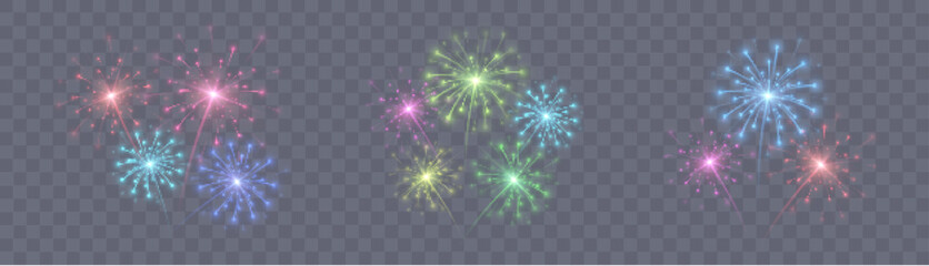 Fireworks. Colorful explosion of multicolored bright fireworks lights. Vector