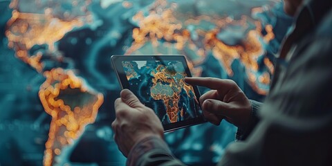 Person using digital tablet with illuminated global map showing network connections
