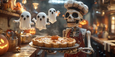 Spooky skeleton chef baking a Halloween pie with ghostly friends