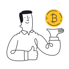 Businessman Holding Bitcoin Symbol. Doodle style with an editable stroke.
