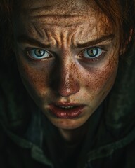 Intense portrait of a freckled person with expressive green eyes and dramatic lighting