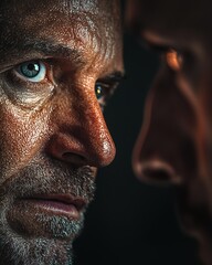 Obraz premium Intense face-off close-up of dramatic eye contact between two individuals in low light