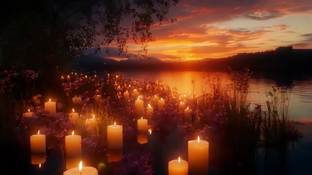 Candles Glowing During a Sunset by a Forest in a Peaceful Setting