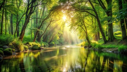 Serene forest scenery sunlight filtering through trees onto tranquil river in lush landscape