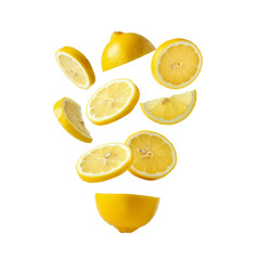 Slices of lemon floating and falling, isolate on transparency background