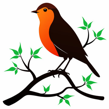 recommend clip art: A robin perched on a tree silhouette vector illustration on white bacground