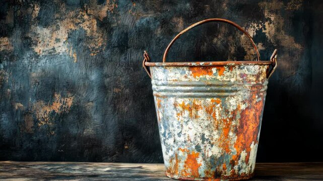An old, rusty metal bucket sits on a wooden surface, with a dark, textured background