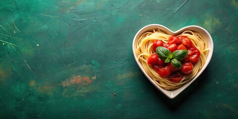 Heart shaped pasta bowl with tomato sauce basil leaves and red flourishes on dark green background