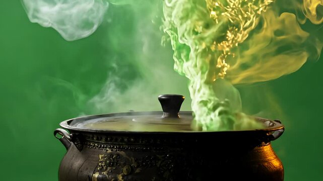 A Halloween-themed scene featuring a witch&rsquo;s cauldron filled with bubbling magical soup, with thick smoke swirling