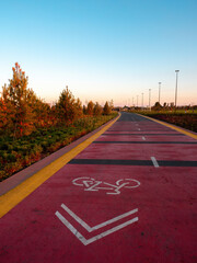 Bike lane in park area at evening time and sunset dark blue sky