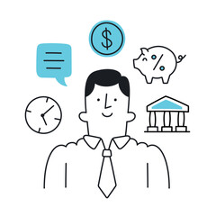 Businessman surrounded by financial icons, representing banking and savings. Doodle style with an editable stroke.