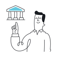 Businessman confidently pointing towards a bank building, symbolizing financial leadership. Doodle style with an editable stroke.