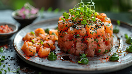 Wasabi Steak Tartare on a modern plate with crispy wonton chips and microgreens, showcasing gourmet presentation
