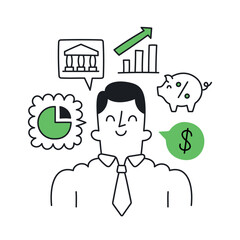 Smiling businessman surrounded by financial growth icons. Doodle style with an editable stroke.