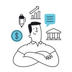 Businessman with finance and growth symbols representing strategy. Doodle style with an editable stroke.