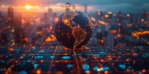 Digital globe with data analytics and network visualization over cityscape at sunset