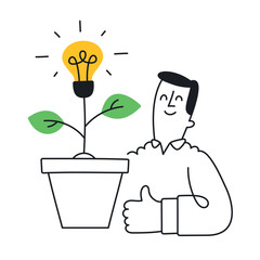 Businessman giving thumbs up with lightbulb plant symbolizing idea growth. Doodle style with an editable stroke.
