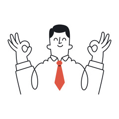 Businessman showing double OK hand gestures symbolizing satisfaction. Doodle style with an editable stroke.
