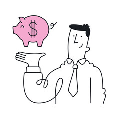 Businessman holding a piggy bank symbolizing savings and financial planning. Doodle style with an editable stroke.