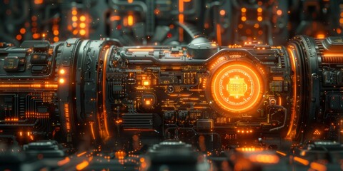 Futuristic machine with a glowing orange circuits and high-tech components, resembling a cyberpunk engine in a digital environment.