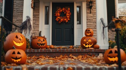 Obraz premium Halloween decorations on front porch with pumpkins create festive atmosphere