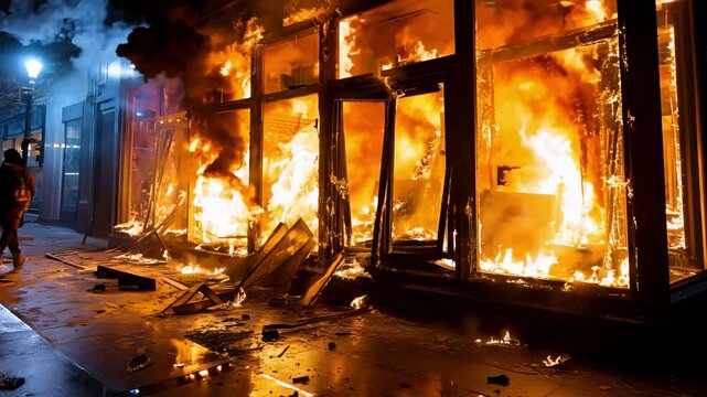 Pogroms and riots in night city. Shop window is broken, there is fire in shop