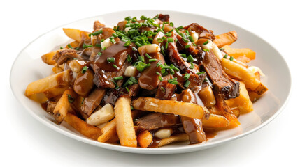 Deconstructed Duck Confit Poutine on a clean white background, featuring crispy duck confit, French fries, cheese curds, rich duck gravy, and garnished with chopped chives or green onions.