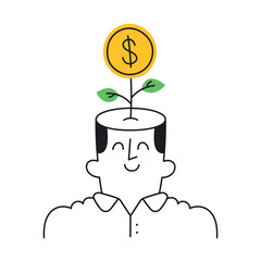 Businessman with dollar plant growing from head representing financial growth. Doodle style with an editable stroke.