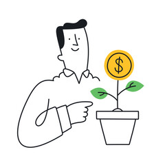 Businessman pointing at money plant growth. Doodle style with an editable stroke.