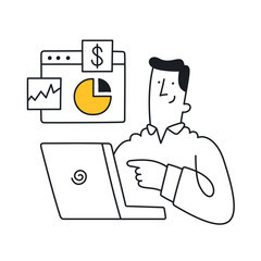 Businessman analyzing financial reports and charts on a laptop. Doodle style with an editable stroke.