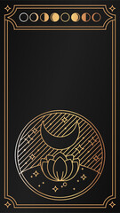 Black and gold magical tarot cards poster. Mystical occult illustrations, bohemian spiritual astrology templates. witch vector illustration collection. Prediction of the future.