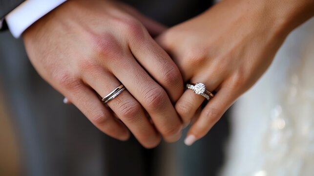 A couple holding hands with engagement rings visible, symbolizing the promise of marriage, engagement rings, love and commitment