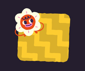 Fun notepad page. White flower character at yellow page. Place fo text and notes. Organization of educational process. Flat vector illustration isolated on black background