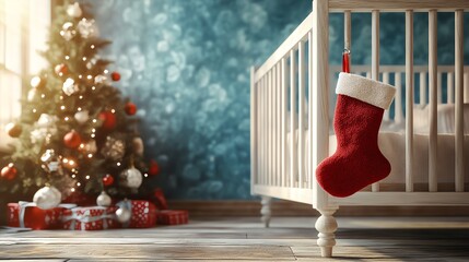 Baby crib with Christmas stocking hanging on the side, holiday warmth
