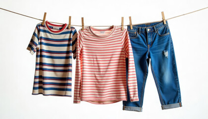 Colorful clean clothes drying on a clothesline outside