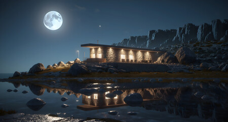 Night View of House with Water Reflections
