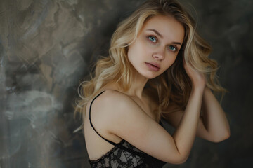 Naklejka premium A woman with long blonde hair is posing for a picture