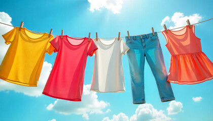 Colorful clean clothes drying on a clothesline outside