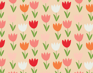 Seamless botany tulips pattern,vector illustration pink and green tulips background.