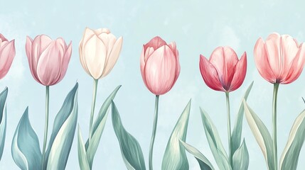 Minimalist watercolor tulips in soft pastels, arranged on a pale blue background, seamless repeat