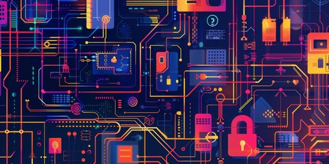 Colorful backdrop featuring cyber defense concepts.