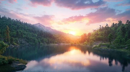 Photorealistic sunset over a serene mountain landscape