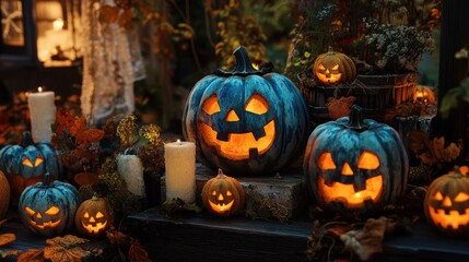Fototapeta premium Halloween themed pumpkin imagery with glowing Jack o lanterns and painted gourds for trick or treat concepts