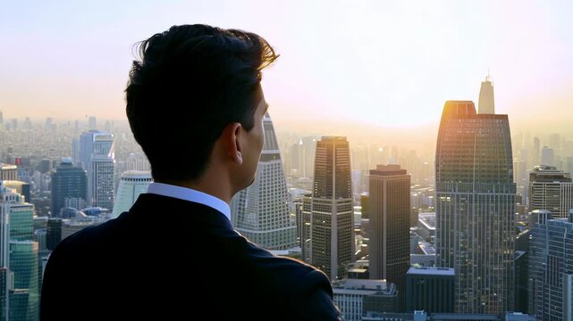 Businessman gazing at urban skyline during sunrise in modern cityscape